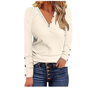 Deals of The Day Sale Prime Oversize Tops Women UK Women‘s Long Sleeve Top Shirt V-Neck Button Solid Color Shirt Casual Tops Soft Women Sale Clearance Khaki
