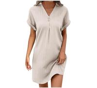 Deals of The Day Sale Prime Summer Dresses for Women UK Fashion Solid Color Button Mini Dress Casual V Neck Short Dress Loose Fit Short Sleeve Sport Dresses for Older Women Ladies midi Dresses Beige