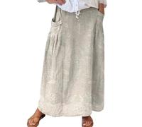 Deals of The Day Sale Prime Summer Linen Long Skirts for Women UK with Pockets Vintage Boho Floral Printed Maxi Skirts Elasticated Waist Plus Size Womens Pleated Fancy Dress Skirt