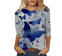 Deals of The Day Sale Prime Tops for Women UK Summer Women's Round Neck Seven Point Sleeve T Shirt Butterfly Print Fit T Shirt Casual Soft and Clearance Women Clothes Sale Clearance