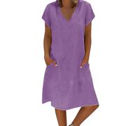 Deals of The Day Sale Prime Women Summer Dresses Women's Fashion Casual V Tie Pocket Solid Color Cotton and Lines Short Sleeve Dress Beach Dress Summer Party Dressy for Womens UK Purple