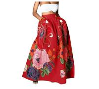 Deals of The Day Sale Prime Womens Skirts Summer Women Floral Print Skirt High Waist Party Beach Pocket Long Maxi Skirt Elastic Waist Skirts for Women Office Wear Red