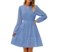 Deals of The Day Sale Prime Womens Summer Dress Women's 2025 Long Sleeve Dress Fall V Neck Hollow Out Eyelet Embroidery Ruffle A Line Swing Short Summer Dressy for Womens UK Plus Size Dressing Blue