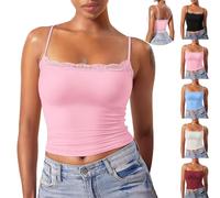 Deals of The Day Sale Vest Tops Women UK Adjustable Spaghetti Straps Y2K Crop Tank Tops Solid Color Slim Fit Blouse Lace Scoop Neck Sleeveless Tee Womens Sale Clearance A Pink