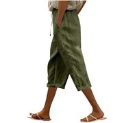 Deals of The Day Sale Womens Cotton Linen Cropped Trousers Drawstring 3/4 Joggers Shorts with Pocket Wide Straight Leg Pants Baggy Casual Trousers Walking Beach Palazzo 01 Army Green S