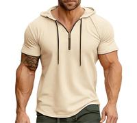 Deals of The Day Spring Deals Summer Clothes for Men Men's Summer Hooded Sports American Zipper Solid Color Shirt Smart Casual T Shirts for Men UK Fashion Clothes Sale of Clearance Khaki