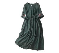 Deals of The Day Spring Deals Women Summer Dress Women's Cotton Linen Dresses Summer Embroidered Sleeve A Line Comfy Cotton Maxi Dress Trendy Beach Dressy for Womens UK Plus Size Dressy Green