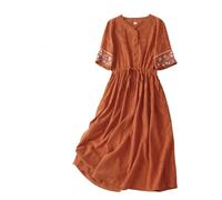 Deals of The Day Spring Deals Women Summer Dress Women's Cotton Linen Dresses Summer Embroidered Sleeve A Line Comfy Cotton Maxi Dress Trendy Beach Dressy for Womens UK Orange