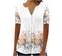 Deals of The Day Summer Short Sleeve T-Shirt for Women UK 2025 Fashion Button Up V Neck Tops Dressy Casual Pleated Floral Print Blouse Ladies Elegant Tunic Top Comfy Lightweight Going Out Tee