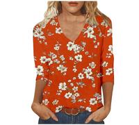 Deals of The Day Women Fashion Tops UK Casual 3/4 Sleeve V Neck Shirts 2024 Summer Floral Print Blouses Dressy Comfy Tunic Tops Ladies Elegant Going Out T-Shirts Loose Fit Tee