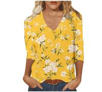 Deals of The Day Women Fashion Tops UK Casual 3/4 Sleeve V Neck Shirts 2024 Summer Floral Print Blouses Dressy Comfy Tunic Tops Ladies Elegant Going Out T-Shirts Loose Fit Tee