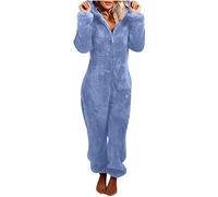 Deals of The Day,Women Fleece Onesies Zip Up One Piece Hooded Pajamas Cozy Sleepwear Pyjamas Autumn Winter Warm Loungewear Jumpsuit Blue