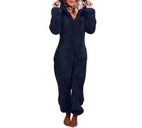 Deals of The Day,Women Fleece Onesies Zip Up One Piece Hooded Pajamas Cozy Sleepwear Pyjamas Autumn Winter Warm Loungewear Jumpsuit Navy