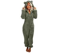Deals of The Day,Women Fleece Onesies Zip Up One Piece Hooded Pajamas Cozy Sleepwear Pyjamas Autumn Winter Warm Loungewear Jumpsuit Army Green