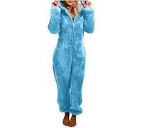 Deals of The Day,Women Fleece Onesies Zip Up One Piece Hooded Pajamas Cozy Sleepwear Pyjamas Autumn Winter Warm Loungewear Jumpsuit Sky Blue