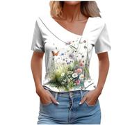 Deals of The Day Women Summer T Shirts Trendy Short Sleeve Skew V Neck Button Tops UK 2024 Casual Butterfly Floral Print Blouses Dressy Comfy Office Work Tshirts for Ladies