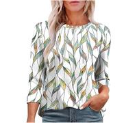 Deals of The Day Women's 3/4 Sleeve Shirts UK Trendy Pleated Crewneck Tops 2025 Spring Casual Floral Printed Blouse Dressy Comfy Loose Fit T-Shirt Ladies Elegant Going Out Tee Shirts