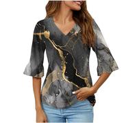 Deals of The Day Women's Casual Tops Summer 3/4 Flare Sleeve V Neck Shirts UK Ladies Elegant Going Out Blouses Funny Paisley Marble Print T-Shirts 2024 Fashion Loose Fit Tee