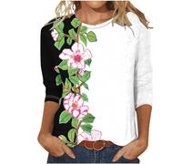 Deals of The Day Womens Summer Tops Dressy Casual Crewneck Cute Floral Print Ladies Shirts Trendy 3/4 Sleeve Shirts for Women UK Workout Tunic Blouse Womens Tops Blouses Cotton Tshirts