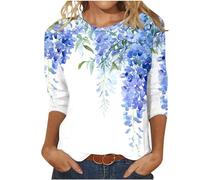 Deals of The Day Womens Summer Tops Dressy Casual Crewneck Cute Floral Print Ladies Shirts Trendy 3/4 Sleeve Shirts for Women UK Workout Tunic Blouse Womens Tops Blouses Cotton Tshirts