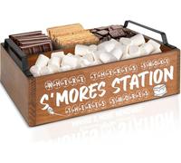 DEALZOOM Wooden S'mores Bar Station (Brown) - Smores Caddy Holder with Handles - S'mores Serving Tray for Kitchen - S’mores Maker Box for Smores Kit Camping Decor - Smores Accessories Organizer