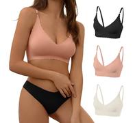 DEANGELMON V Neck Bra Padded Seamless Adjustable Straps Bralettes Everyday Basic Sleeping Bras Multiple Pack, Black,soft Peach,apricot, M