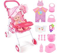 deAO 12" Baby Doll Pram Set with 15PCS Accessories, Foldable Doll Pushchair & Role Play Toys for Girls Boys 3+ Years, Interactive Toy Stroller with Doll Clothes & Feeding Set