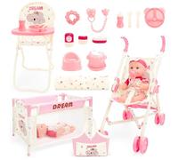 deAO 12in Baby Doll Nursery Set, Pretend Role Play Cot Toy, Dolls Nursery Accessories Include Stroller, High Chair, Feeding Accessories, Storage Bag, Baby Doll Care Play Set for Girls 3+
