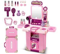deAO 2-in-1 Kids Dressing Table, Portable Vanity Set with Light and Music | Girls Dressing Table with 16 Pretend Makeup Accessories, Suitcase for Travel & Storage, Lighted Mirror & Music for Role Play