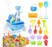 deAO 21 Piece Beach Play Set with Pull Cart and Water Wheel - Sand Kit with Shovel, Rake, Watering Can, Moulds - Outdoor Sand Toy - Gift for Children 3+ Years