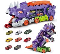 deAO 3-in-1 Transformable Dinosaur Car with Garage Track, Push & Go Dinosaur Toy for Kids Ages 3-8, Purple Dino with 8 Alloy Racer Cars, Transformable Tail Ramp, Car Storage Compartment