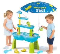deAO 3-Tier Sand and Water Table with Pump and Adjustable Umbrella, Outdoor Water Play Table with Beach Accessories, Sensory Activity Table Garden Summer Toys for Toddlers & Kids Ages 3+