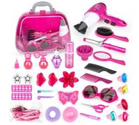 deAO 34 Pieces Hairdressing and Glamour Vanity Carry Case Play Set Makeup Accessories, Pretend Jewellery, Curling Iron and Toy Hairdryer Included, Pink