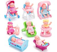 deAO 8 Sets 5" Mini Baby Dolls, Baby Doll Set with Accessories Including Stroller, Bathtub, Crib, High Chair, Swing, Walker, Small Baby Doll Toys for 3+ Years Old Kids Girls