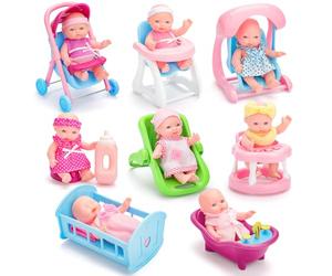 deAO 8 Sets 5" Mini Baby Dolls, Baby Doll Set with Accessories Including Stroller, Bathtub, Crib, High Chair, Swing, Walker, Small Baby Doll Toys for 3+ Years Old Kids Girls