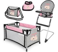 deAO Baby Doll Accessories, Doll Furniture Set, Doll Cot & High Chair Toy | Doll High Chair Set, Doll Play Accessories, Role Play Toys, Carry Bag, Doll Feeding Bib Toy, Birthday Christmas Gift for Kids