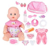 deAO Baby Doll Accessories Playset with Doll Clothes (Not Included Doll) | Bottle, Pacifiers, Diapers, Bib, Plates, 18 PCS Pretend Play Baby Doll Feeding and Caring Set for Kids Girls 3 4 5 Years Old