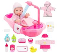 deAO Baby Doll Bath Play Set, Water Faucet Function, Baby Doll Bath Accessories Include Pink Bathtub, Doll Clothes, Diaper, Role-Play Toys, Ideal Gift for Girls Aged 3+