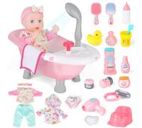 deAO Baby Doll Bath Play Set with Working Bathtub & Bath Accessories, Interactive Baby Born Bath Toys with Doll Clothes, Baby Doll Accessory for 3+ Years Old Girls