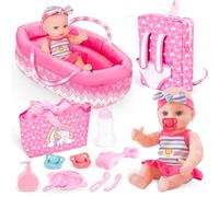 deAO Baby Doll Set for Girls, 12” Baby Doll Accessories Playset with Portable Doll Bassinet Bed, Backpack, Feeding Bottle & Doll Clothes, Interactive Doll Playset for Pretend Play