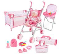 deAO Baby Doll Stroller Playset with Foldable Stroller, Travel Cot & Highchair, Doll Accessories Set Includes Travel Bag and Nursery Role Play Toys for Kids Girls Boys 3+ Years Old