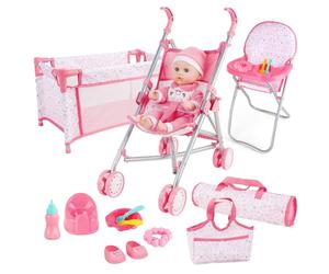 deAO Baby Doll Stroller Playset with Foldable Stroller, Travel Cot & Highchair, Doll Accessories Set Includes Travel Bag and Nursery Role Play Toys for Kids Girls Boys 3+ Years Old