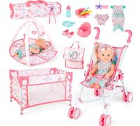 deAO Baby Doll Stroller Set, 12 Inch Doll Playset with Foldable Stroller, Crib, Play Gym, Doll and Lots of Other Accessories, Pretend Play Toy Nursery Set for Kids Girls Ages 3+ (Doll Included)