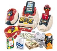 deAO Cash Register for Kids, Toy Till Cash Register with Scanner, Credit Card,Play Food,Money and Groceries Shopping Basket for Boys and Girls