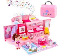 deAO Children’s 2-In-1 Pink Portable Doll House Play Set with Light and Music Functions, Accessories, Carry Case - Great Gift for Kids
