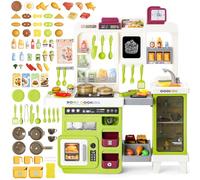 deAO Children's Kitchen with Light, Sound, Water & Steam, Realistic Play Kitchen from 3 Years - 75-Piece Accessories, Egg Cooker, Board & Grill, L 71 x H 82 cm, Storage Cabinet, Sink, Oven (Green)