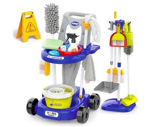 deAO Children's Play Trolly Cleaning Set, Kids Cleaning Set, Toy Cleaning Set for Toddlers Girl and Boys, Kids Role Play Cleaning Set for 3 4 5 6 7 8, Childrens Cleaning Tools (BLEU)