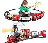deAO Christmas Electric Train Set with Steam, Sound & Lights for Kids 3+ | Battery-Powered Train Toys Set Under Christmas Tree with 4 Carriages and DIY Tracks, Home Festive Decoration for Boys Girls