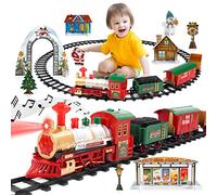 deAO Christmas Theme Classic Train Set for Kids with HeadLight, Realistic Sounds, 3 Cars carriage and Tracks, Best Gift For Christmas Décor Under the Christmas Tree