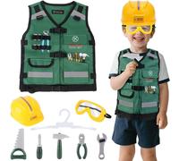 deAO Construction Role Play Costume Set - Builder Vest, Safety Helmet, Toy Tools & Accessories for Kids - 3+ - green